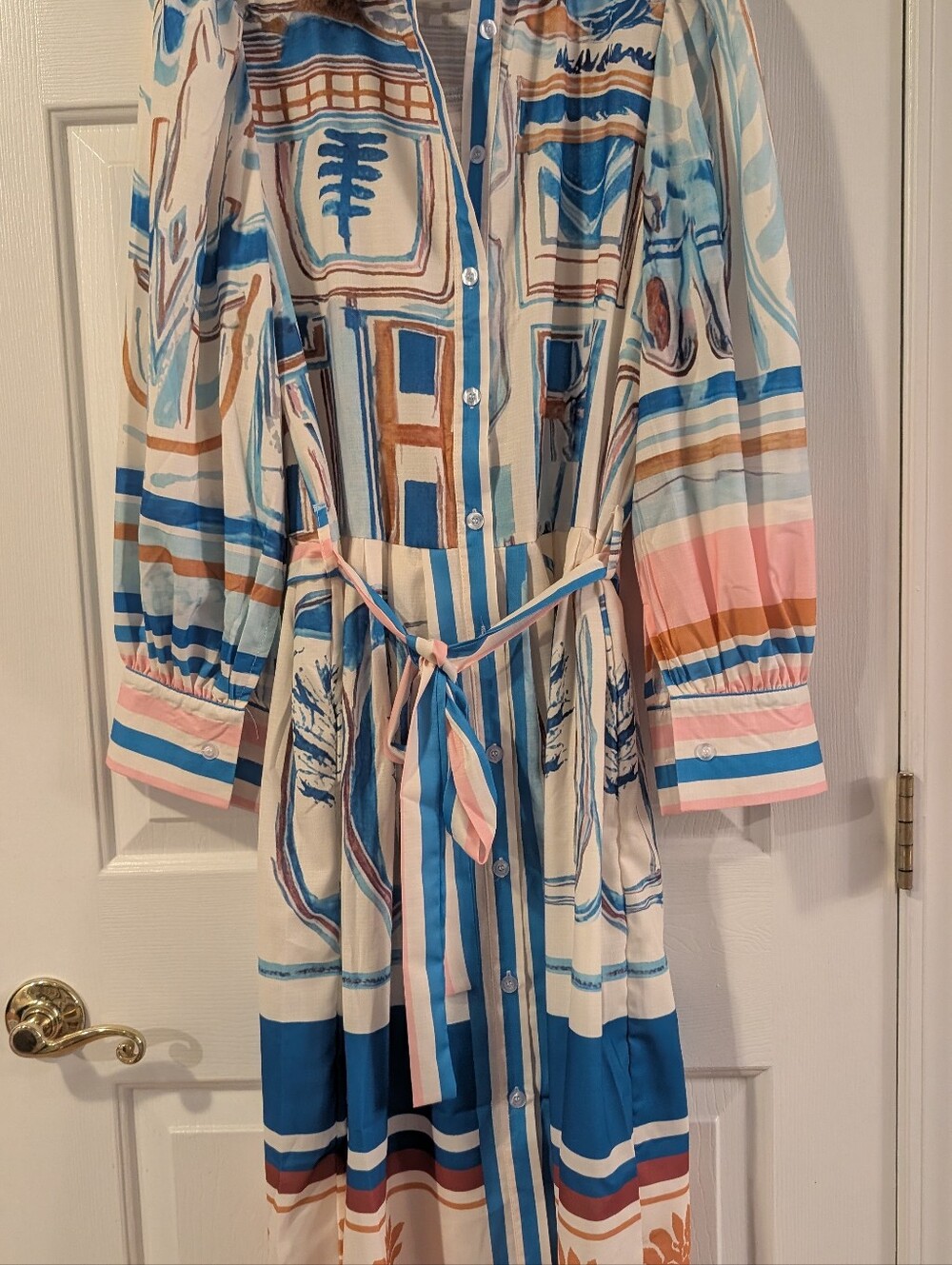 Button-Front Striped Print Midi Dress in Blue ,Beige and Pink